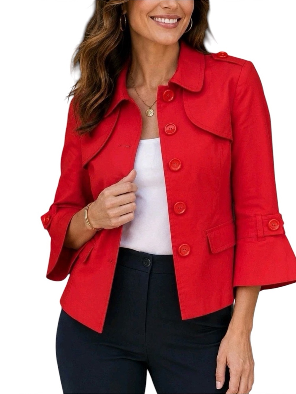 Rafaella Sz MEDIUM Red Cropped Button Front 3/4 Sleeve Blazer Jacket